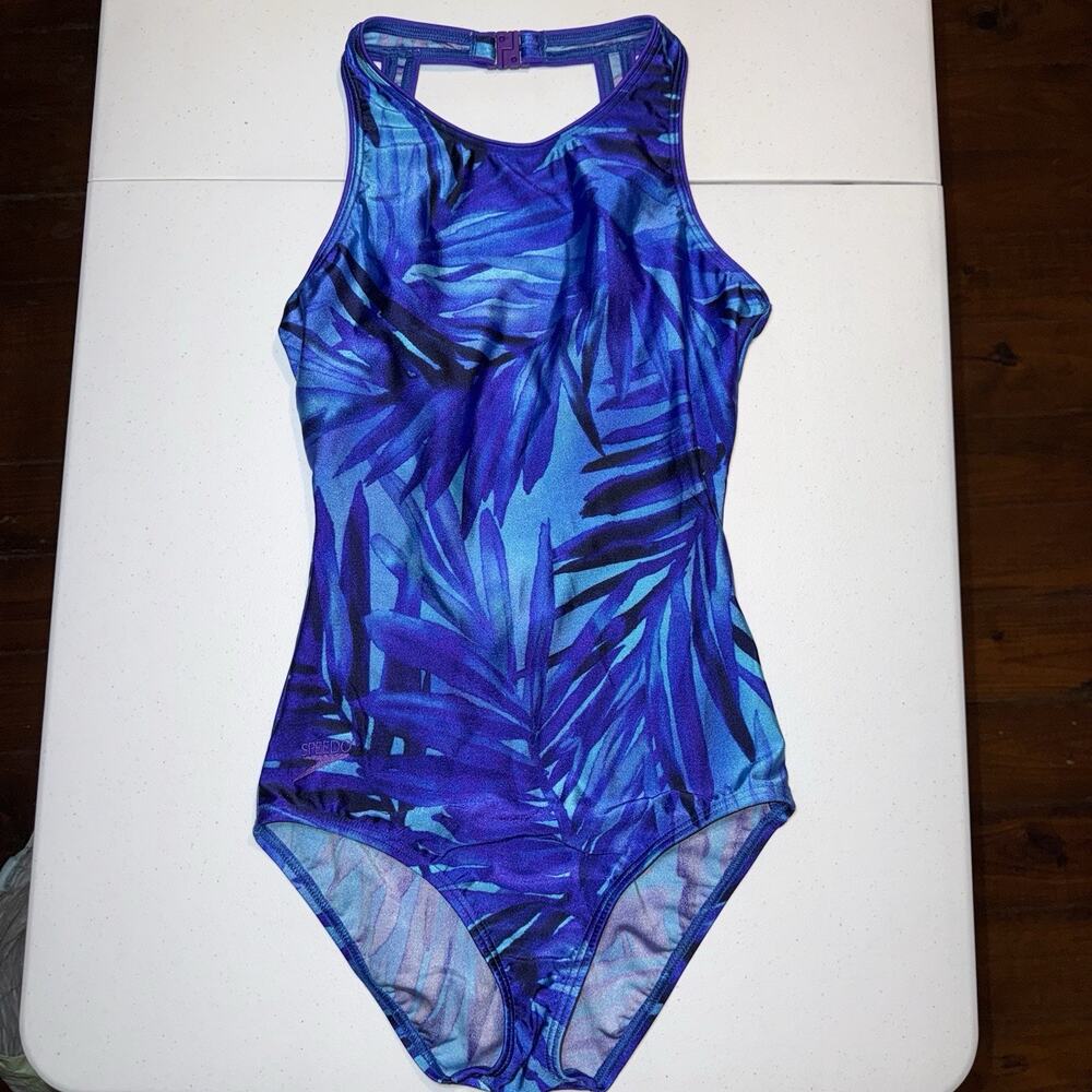 Speedo Women’s Vintage One Piece Swimsuit Blue Purple Palm Leaf Print Size 12